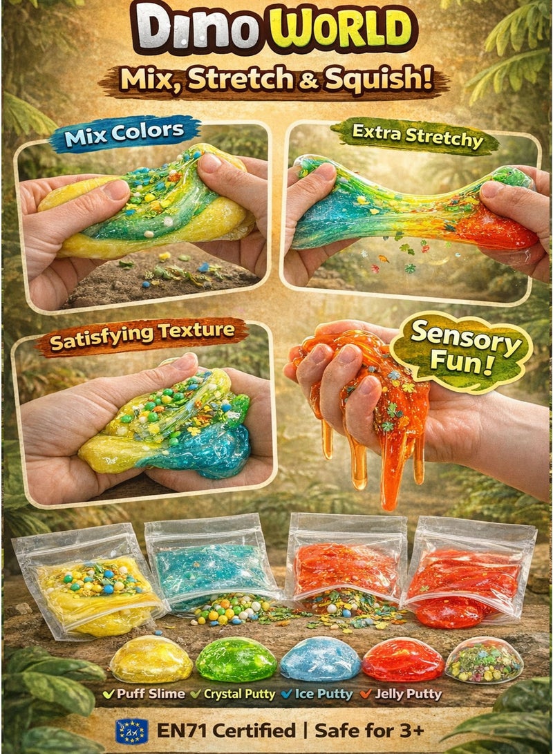 Greateam Dino World Fun Dinosaurs Slime Set for Kids 3+ Years 4 Texture DIY Slime Kit with 58-60G Yellow Puff Slime 43-45G Green Crystal Putty 43-45G Blue Ice Putty 43-45G Red Jelly Putty Mix & Create Sensory Stretchy Slime with Foam Beads Dino Shape Sequins Leaf Accessories & 1 Dinosaur Figure EN71 Certified Non-Toxic EU Toy Safety Standard Educational Learning Toy Gift for Boys & Girls Extended Play Blister Pack - Image 4